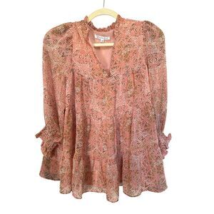 Joy Joy Women’s Blouse Pink Abstract Print Ruffle Neck Long Sleeve Lined Boho M